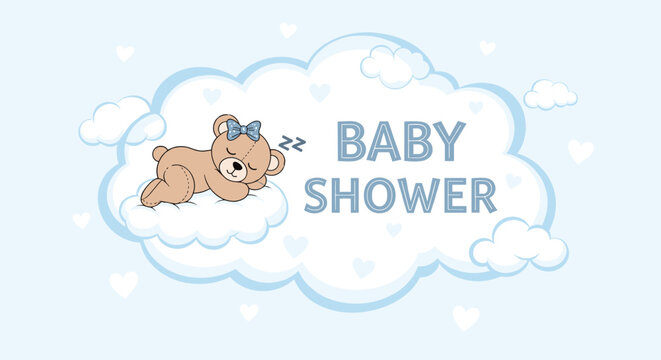 Cute baby shower invitation with sleeping teddy bear on cloud. - Powered by Adobe