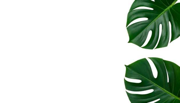 Lush green Monstera leaves on a stark black background, minimalistic and modern