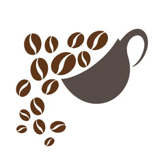 Brown coffee beans spilling from a dark grey cup coffee cup