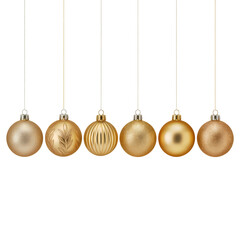 Six Golden Christmas Ornaments Hanging on Transparent Background over Black Backdrop Elegant Holiday Design