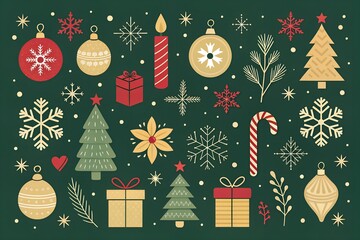 Festive christmas collection featuring ornaments gifts trees snowflakes and candy canes