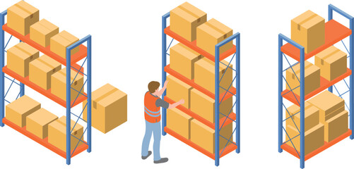 Isometric warehouse illustration showing worker organizing cardboard boxes on metal storage racks, logistics inventory management and supply chain concept