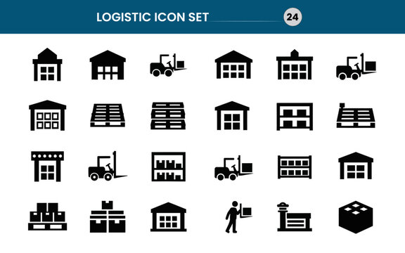 Collection of black logistic icons representing warehousing transportation and delivery services