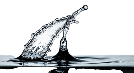 A captivating highspeed photograph captures the mesmerizing dance of water droplets colliding and creating a splash, isolated on transparent background