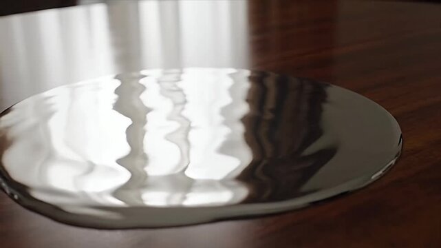 Mesmerizing close up of a shimmering metallic liquid forming a beautiful reflective puddle on a dark polished wooden table with intricate light reflections