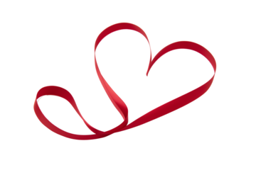 Glossy red satin ribbon shaped into a heart on transparent background