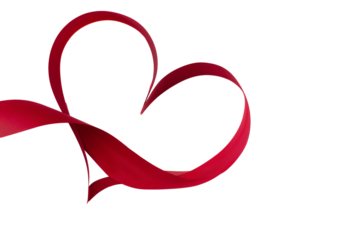 Flowing red ribbon forming a heart shape on transparent background
