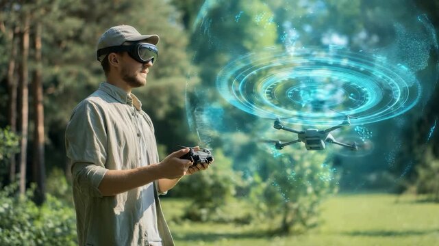 Tech savvy individual controls high tech drone using VR goggles, remote, surrounded by digital holograms in natural setting. Highlights modern trends in drone piloting, immersive technology