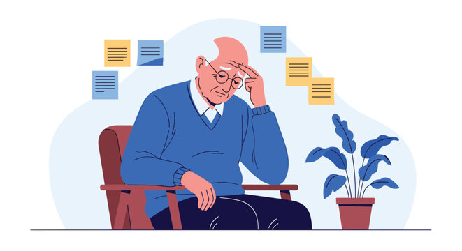 Elderly man with glasses and memory issues sitting in chair.