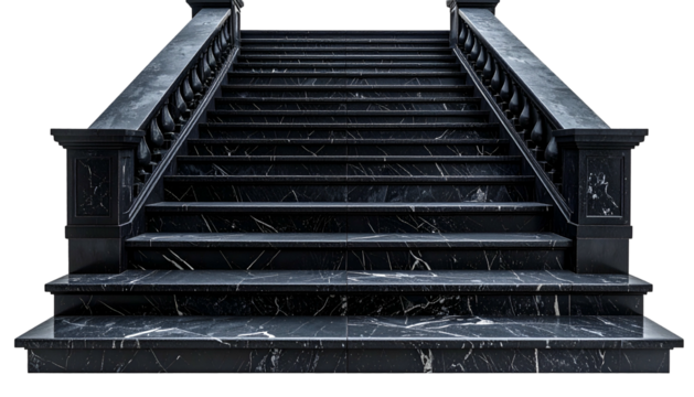 Grand, symmetrical staircase made of dark marble, balustrade. Frontal perspective