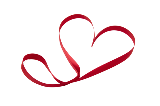 Glossy red satin ribbon shaped into a heart on transparent background