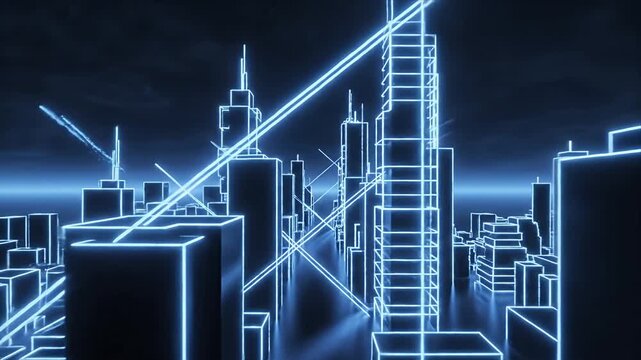 Futuristic digital cityscape with glowing blue neon outlines Abstract wireframe buildings and cyberpunk urban architecture High-tech technology background