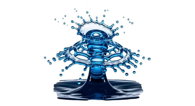 Water drop collision creating a crown shape isolated on transparent background, showcasing the beauty of fluid dynamics and highspeed photography