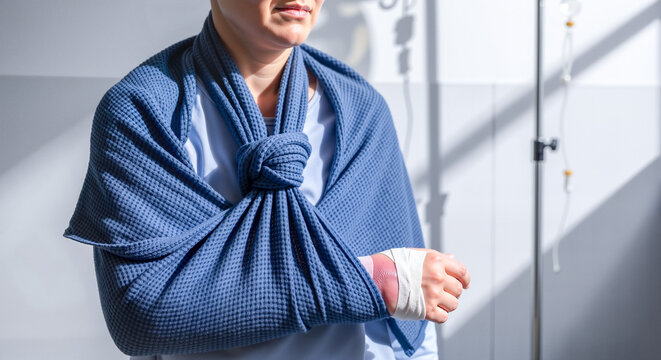 Man with broken arm in blue scarf sling standing in hospital  
