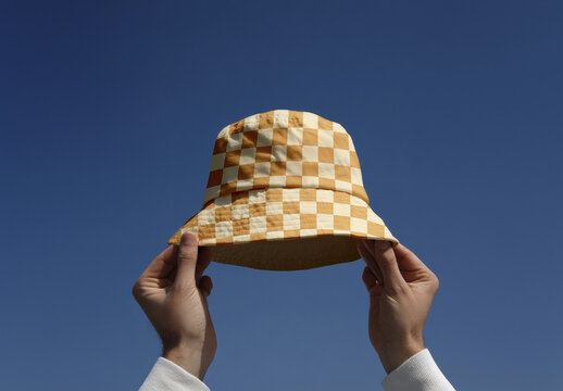 Checkered Bucket Hat Mockup with Blue Sky