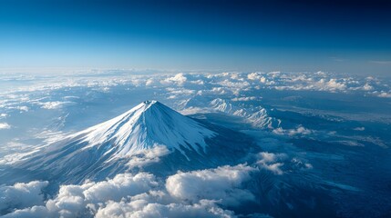 Majestic snow capped volcanic peak rises above extensive layers of white clouds under a clear blue sky