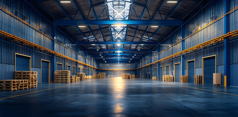 Industrial high-bay LED lighting system in spacious factory interior, strong illumination emphasizing architecture, structure, and efficiency.