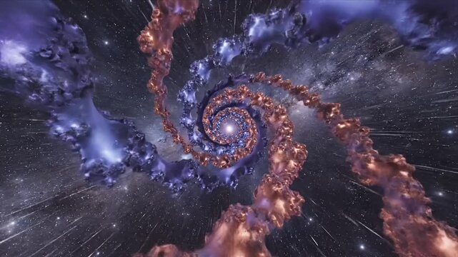 Mesmerizing Abstract Cosmic Spiral Journey Through Shimmering Nebula and Stardust A Vibrant Purple and Gold Energy Tunnel in Deep Space for Visuals and Background