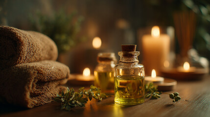 Spa interior with candles, herbal oils, and soft warm light, luxurious and relaxing atmosphere, cinematic close-up detail.