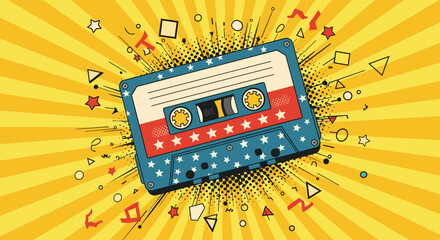 Retro Cassette Tape Illustration with Pop Art Background.