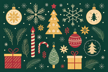 Festive christmas collection featuring ornaments trees presents snowflakes and candles for holiday cheer