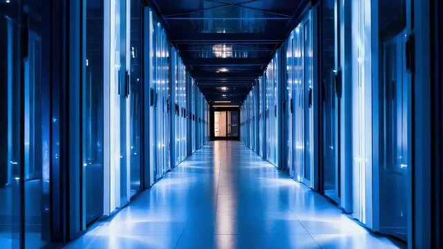 A data center hallway lined with blue-lit server racks.