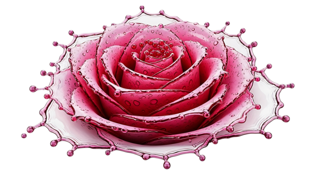 Pink rose made of liquid with water splash effect isolated on transparent background creative floral design and abstract art concept