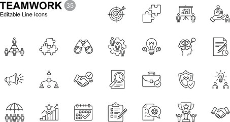 35 teamwork icons, editable line style, collaboration, communication, planning, innovation, organizational structure, vector illustration, professional concept, business tools