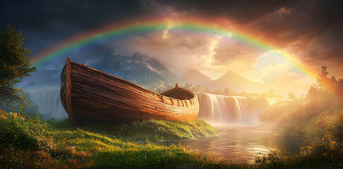Serene illustration of Noah’s Ark resting on mountaintop after the flood, glowing rainbow arch across the sky, spiritual story of renewal and faith.