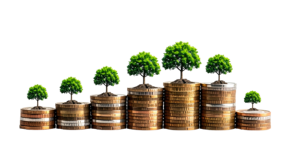 Money stacks with growing trees, symbolizing financial growth against a black background
