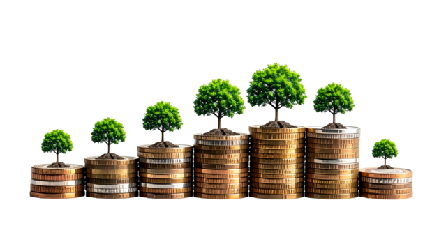 Money stacks with growing trees, symbolizing financial growth against a black background