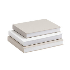 Three white books with beige spines stacked on transparent background