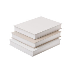 Three white books stacked horizontally on transparent background