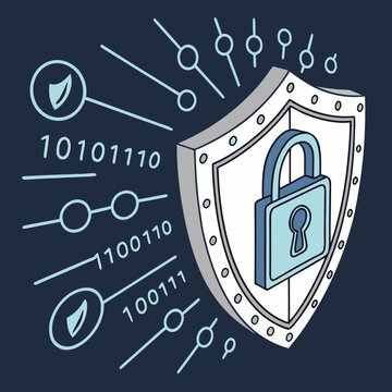 Digital shield with padlock and binary code for security protection
