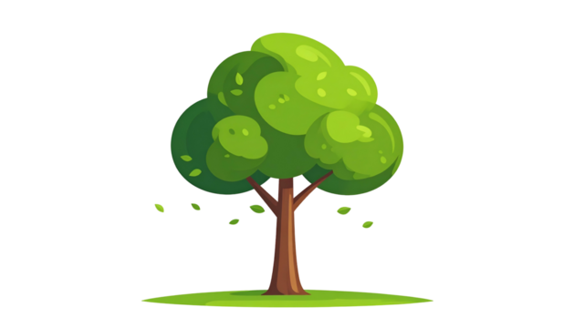 Cartoon tree with green leaves, brown trunk, on grass, and falling leaves against black - Powered by Adobe