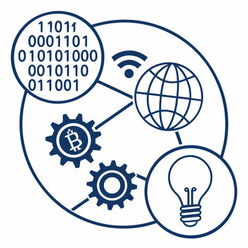 Network diagram with Bitcoin, globe, lightbulb and binary code connection technology