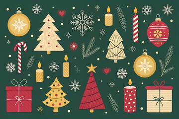 Festive christmas tree ornaments candles gifts snowflakes candy canes holiday season decor