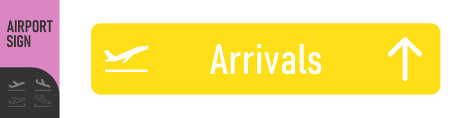 Airport Sign. Arrivals, departures, baggage and transfer - information board signs. Check in, information panel on the direction of arrivals and departures at airports. Takeoff and landing airplane