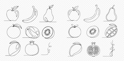 Continuous line art drawing of various fresh fruits collection including apple, banana, pear, orange, kiwi, mango, and pomegranate on a transparent background.