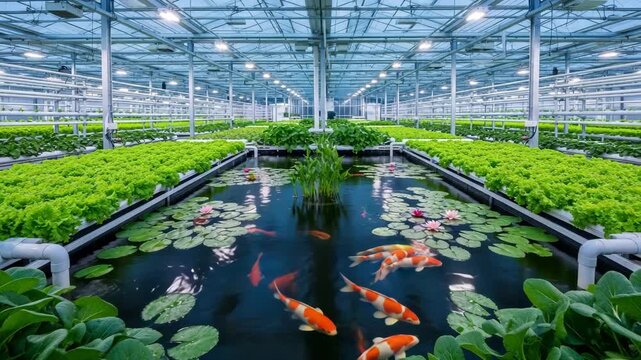 Modern greenhouse with rows of vibrant green lettuce and a tranquil pond filled with swimming koi