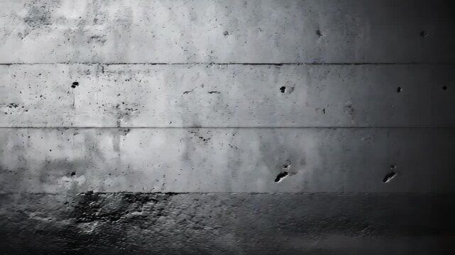 Weathered gray concrete wall with horizontal seams, stains and damp patches.