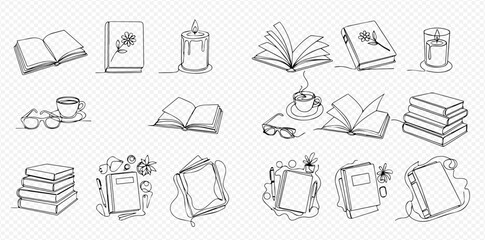 Set of hand-drawn line art illustrations depicting books, reading accessories, and cozy elements like candles and coffee cups, perfect for literature and education themes.