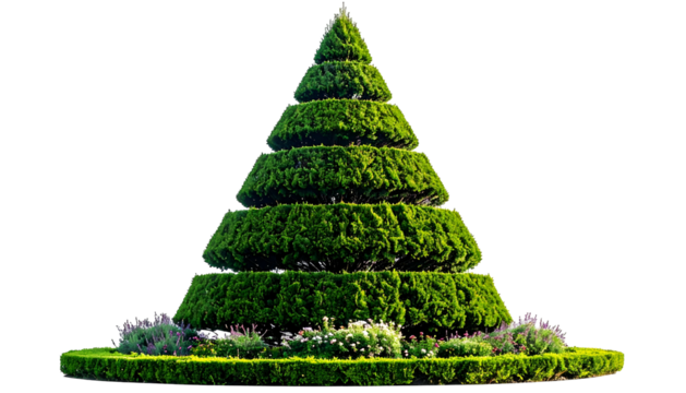 A perfectly manicured cone-shaped hedge surrounded by a bed of green flora with a black background