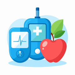 Fototapeta premium Blue Medical Devices Glucometer Heart Monitor and Fresh Red Apple for Health.