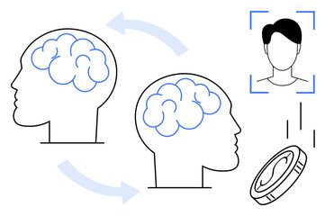 Two human profiles with brain outlines connected by arrows, accompanied by a digital face recognition frame and a falling coin. Ideal for neuroscience, AI, communication, innovation, technology