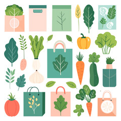 Colorful Vector Illustration of Various Fresh Vegetables and Shopping Bags.