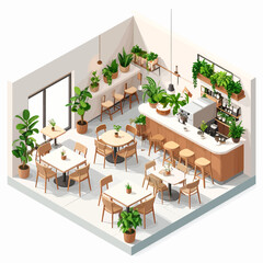 Isometric 3D illustration of a modern bright cafe interior with abundant green plants wooden furniture and a curved service bar.