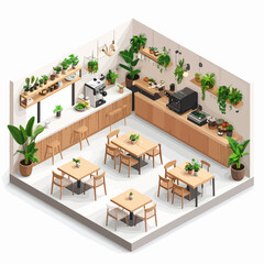 Isometric Cafe Interior with Wooden Counters Tables Chairs and Green Plants.
