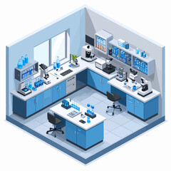 Isometric Illustration of a Modern Laboratory with Scientific Equipment and Instruments.