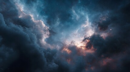 Obraz premium Dramatic cosmic clouds illuminated by vibrant light hinting at distant stars and nebulae in the vast universe